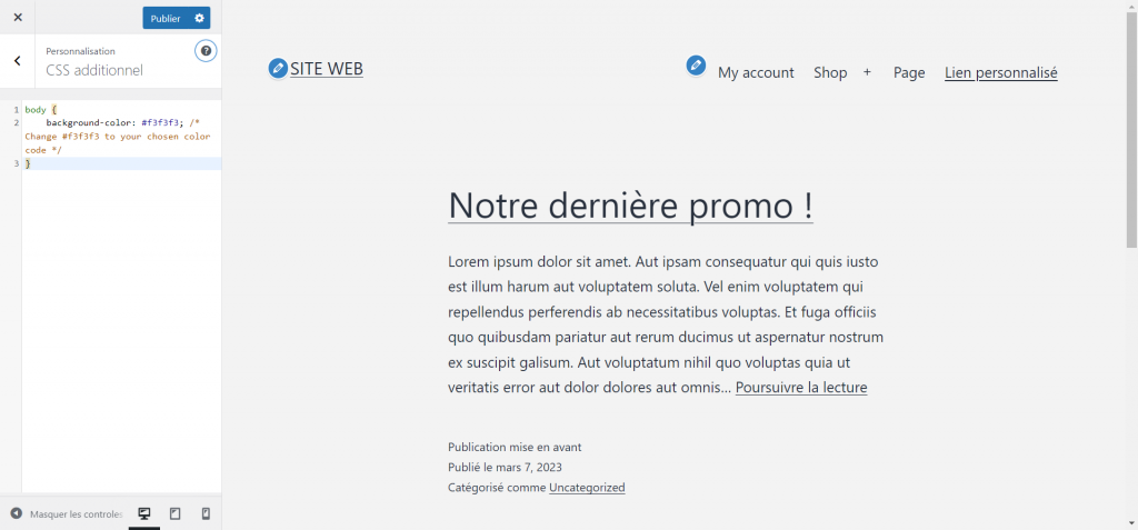 Personnalisation de la couleur de fond du site avec CSS personnalisé dans le personnalisateur de thème WordPress