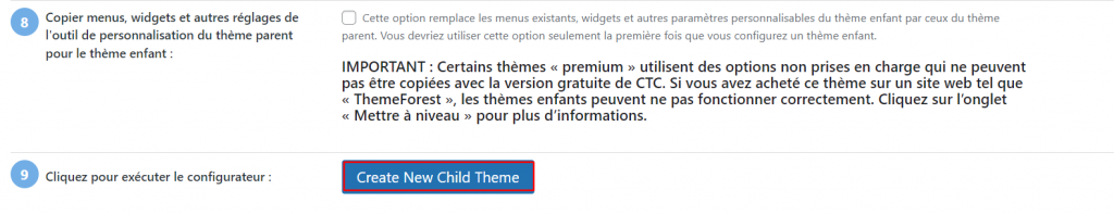 Création d'un nouveau thème enfant dans le tableau de bord du Child Theme Configurator