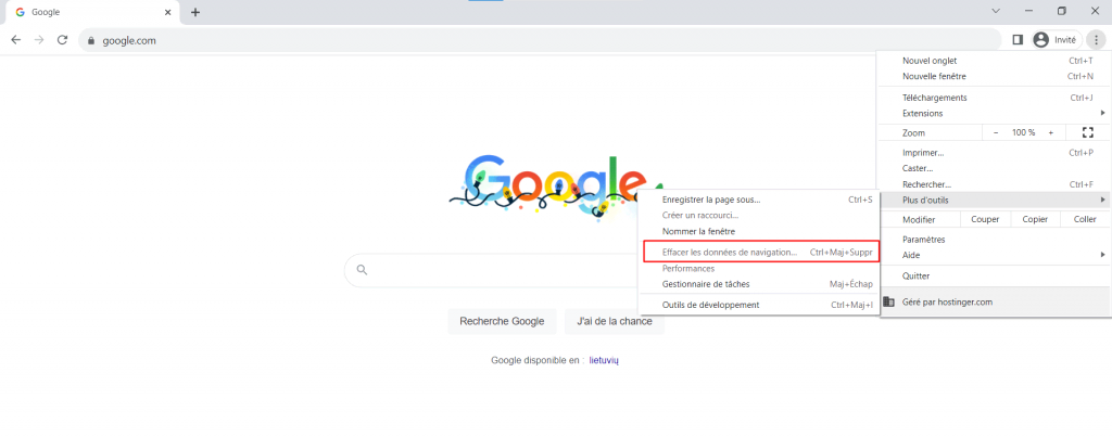 Le menu déroulant du navigateur Google Chrome avec l'option "Effacer les données de navigation" en surbrillance.	