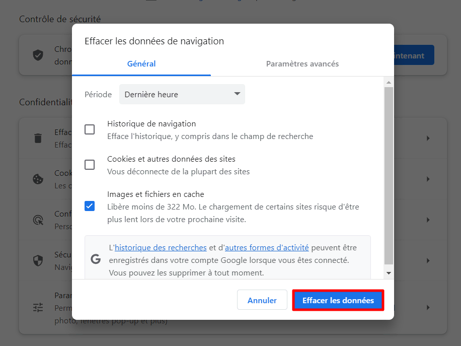 La fenêtre pop-up "Effacer les données de navigation" du navigateur Google Chrome avec le bouton "Effacer les données" mis en évidence.