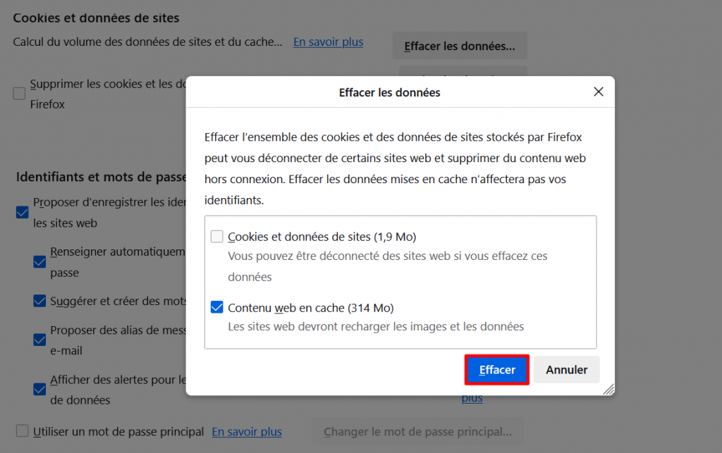 Fenêtre " Effacer les données " sur les paramètres du navigateur Mozilla Firefox avec le bouton " Effacer" en surbrillance.	