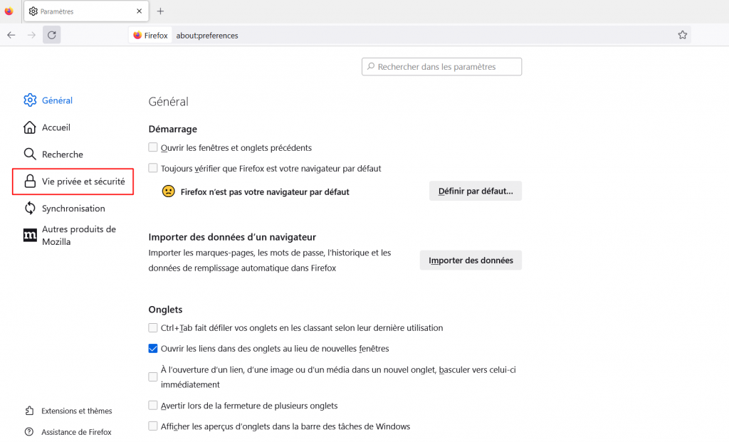 La page générale des paramètres du navigateur Mozilla Firefox avec l'onglet Vie privée et sécurité en surbrillance.
