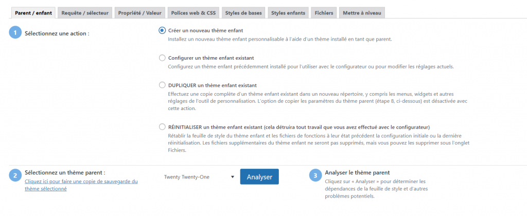 Page de tableau de bord du plugin Child Theme Configurator 