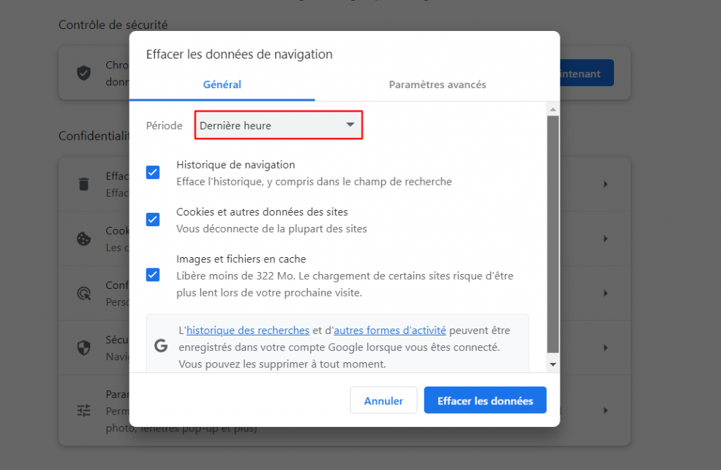 Fenêtre contextuelle "Effacer les données de navigation" dans Chrome, avec le menu déroulant "Période" en surbrillance.