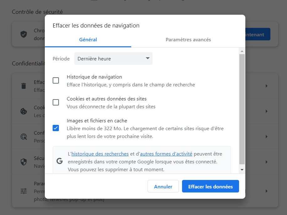 Effacer les Images et fichiers en cache dans chrome