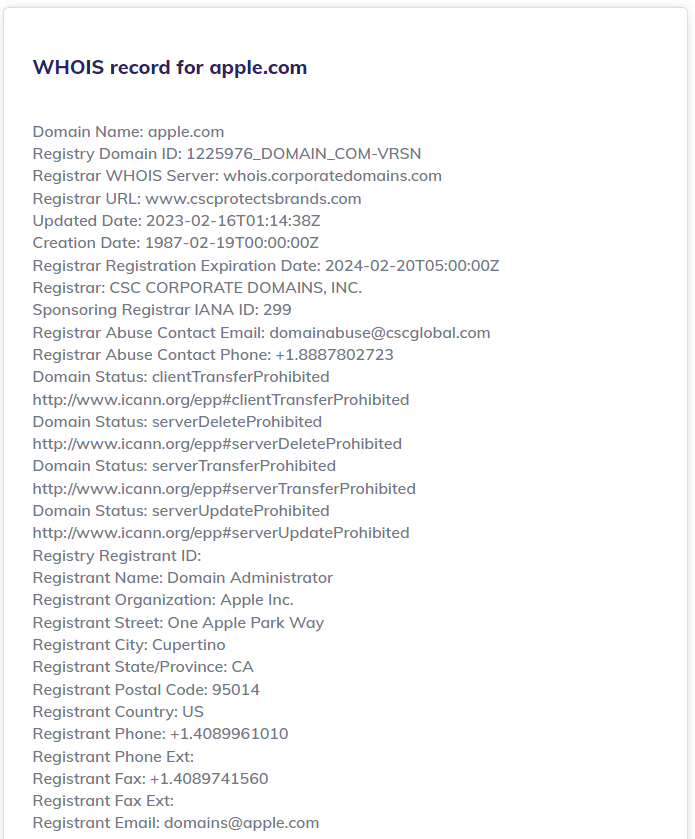 L'enregistrement WHOIS pour apple.com dans l'outil de recherche de domaines de Hostinger