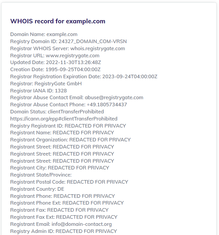 Exemple d'un enregistrement WHOIS privé dans l'outil de recherche de domaine de Hostinger