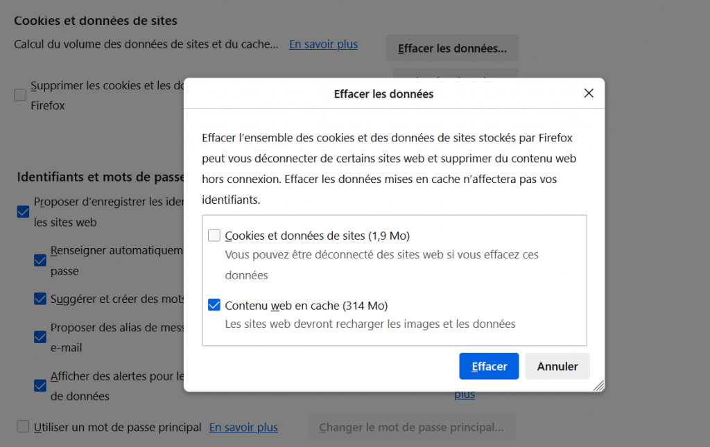 Fenêtre "Effacer les données" des paramètres du navigateur Mozilla Firefox avec la case "Cookies et données de site" décochée et la case "Contenu Web en cache" cochée.		