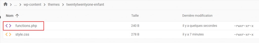 Le fichier functions.php dans le dossier twentytwentyone-enfant