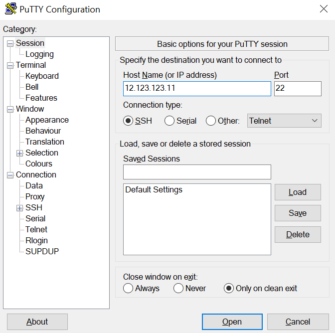Interface utilisateur du client SSH PuTTY