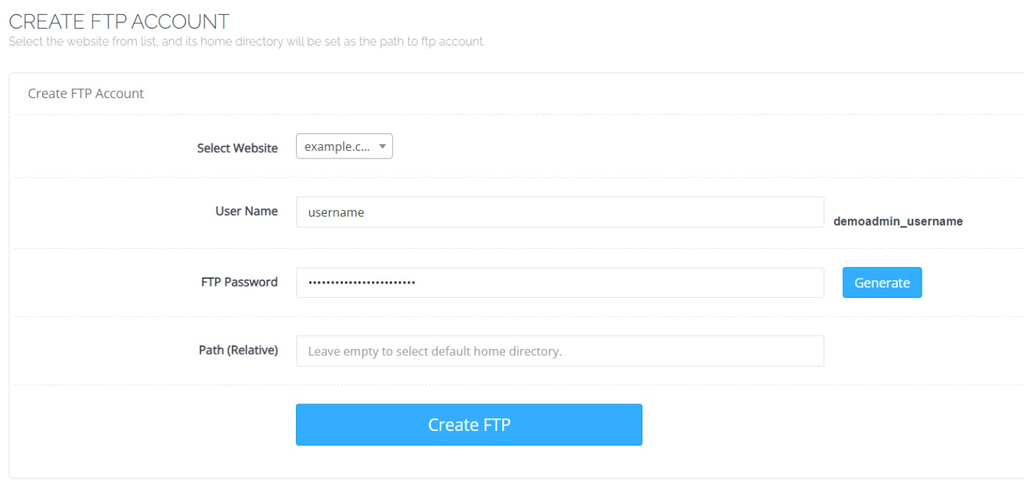Menu de création de compte FTP dans CyberPanel