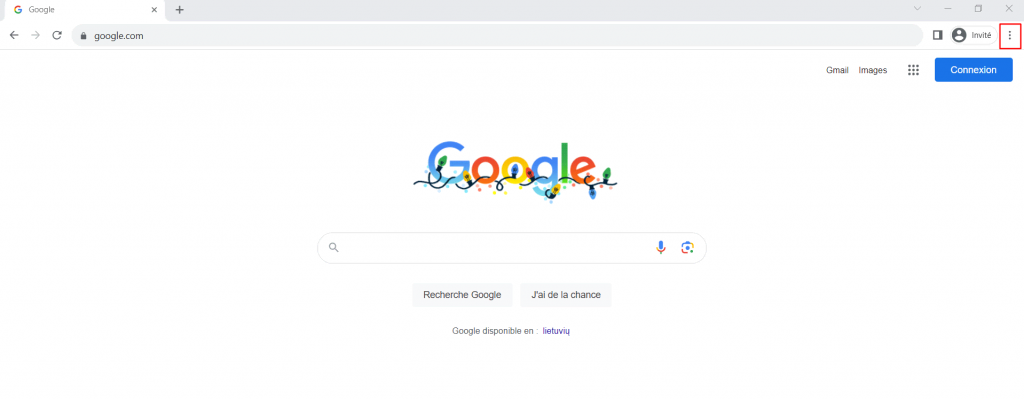 Page d'accueil du navigateur Google Chrome avec le symbole de l'ellipse verticale en haut à droite de l'écran mis en évidence.