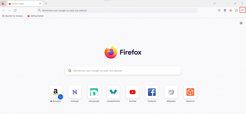 Page d'accueil du navigateur Mozilla Firefox avec le symbole des trois lignes horizontales en haut à droite de l'écran mis en évidence.