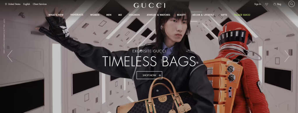 Page d'accueil de Gucci, une marque de mode luxueuse