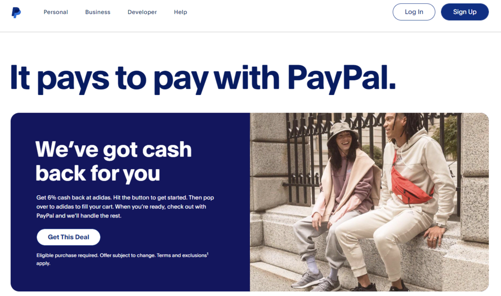 Page d'accueil de PayPal, un fournisseur de services de transfert d'argent