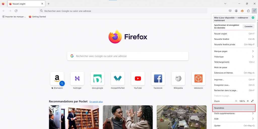 Menu déroulant du navigateur Mozilla Firefox ouvert avec l'option "Paramètres" en surbrillance.	