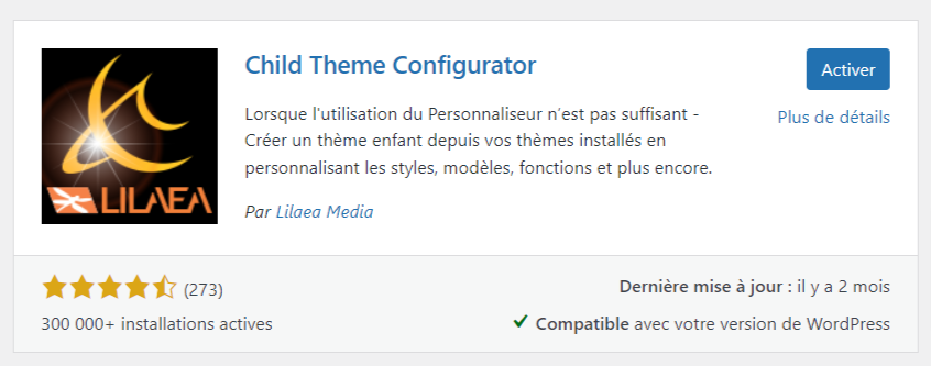 Activation du plugin Child Theme Configurator dans le tableau de bord WordPress