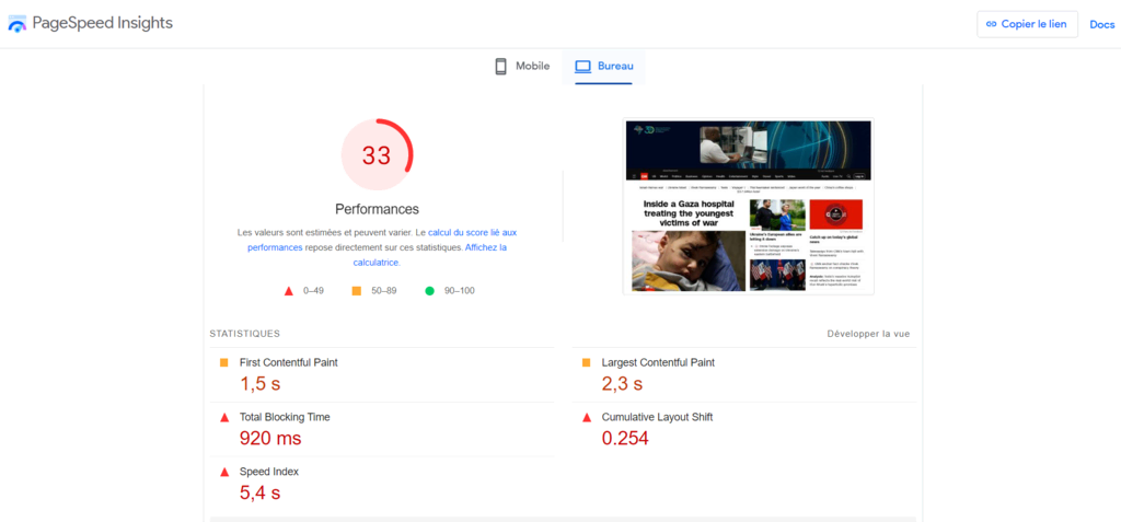 Le score rouge sur PageSpeed Insights indiquant de mauvaises performances Core Web Vitals