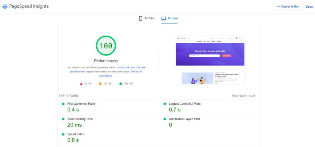 Les scores verts sur PageSpeed Insights indiquant une bonne performance
