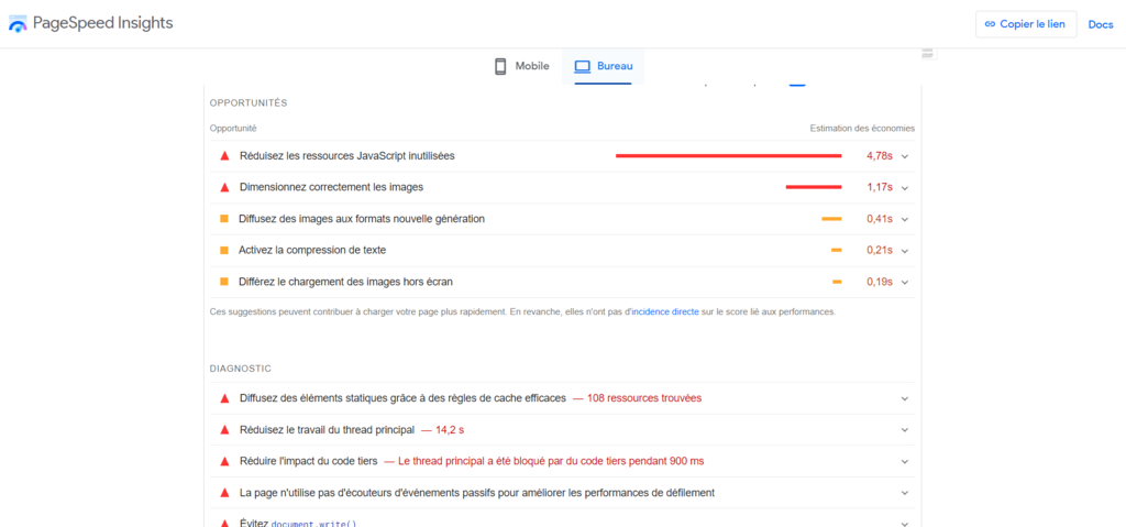 Les sections Opportunités et Diagnostic sur PageSpeed Insights