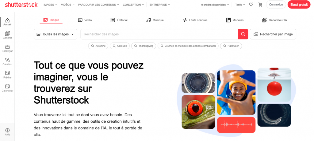 Page d'accueil du site Shutterstock