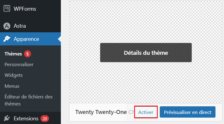 Activation du theme enfant WordPress Twenty Twenty-One 