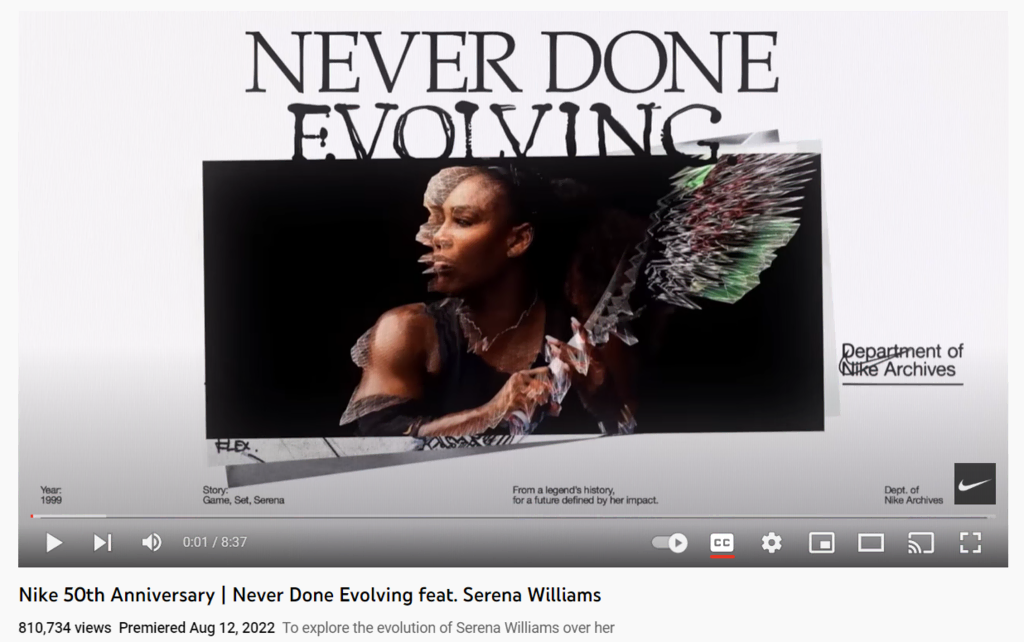 Capture d'écran de la publicité de Nike sur YouTube, intitulée "Never Done Evolving"