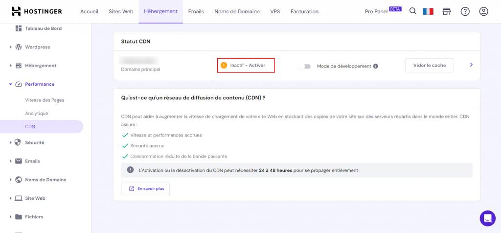 Le CDN d'Hostinger avec la section Activer sélectionnée.
