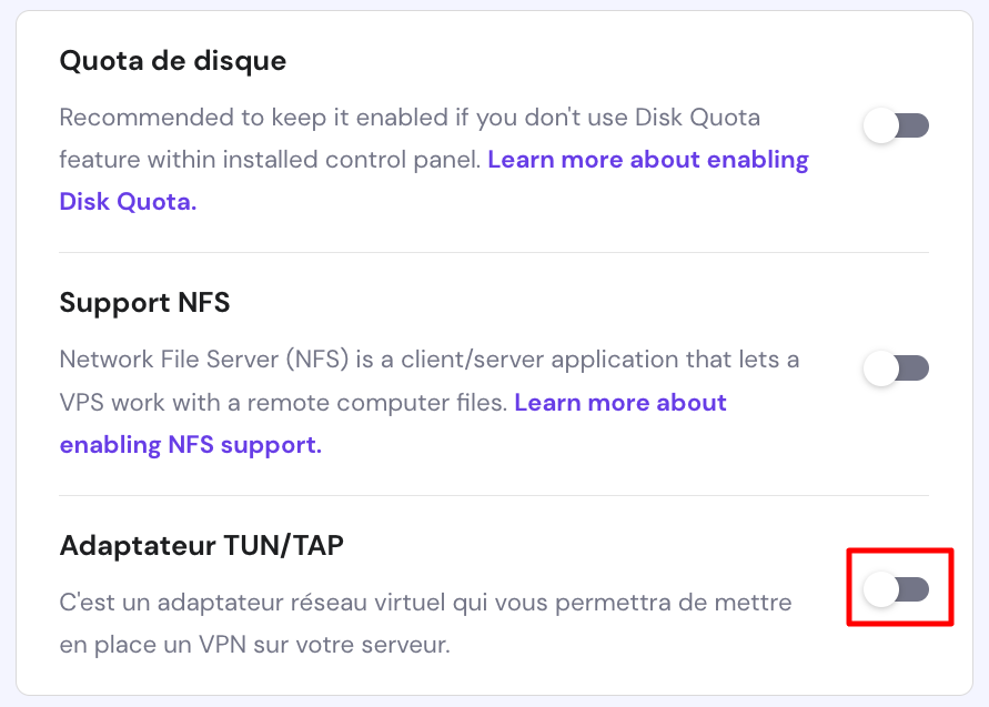 La section des paramètres VPS sur hPanel. L'option permettant d'activer l'adaptateur TUN/TAP est surlignée.