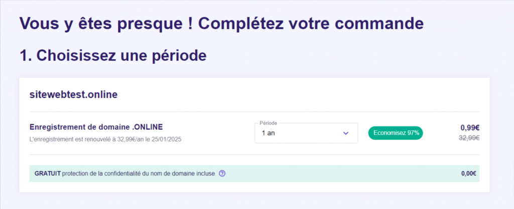 choisir la période d'enregsiterement d'un nom de domaine chez Hostinger