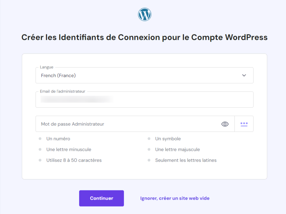 Un formulaire pour saisir les détails de connexion au nouveau compte WordPress