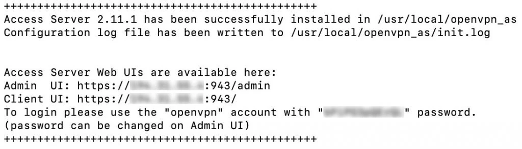 La fenêtre du terminal affiche une installation réussie du serveur OpenVPN Access.