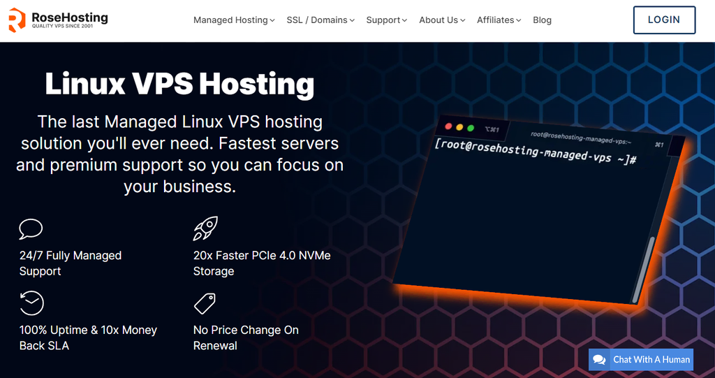 Page d'accueil de l'hébergement VPS de RoseHosting