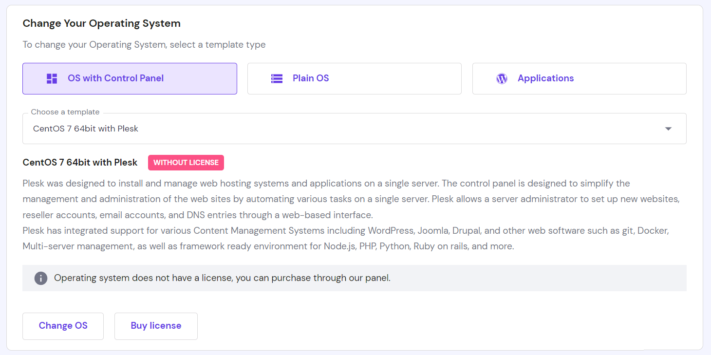 Le menu pour changer le système d'exploitation du VPS dans hPanel