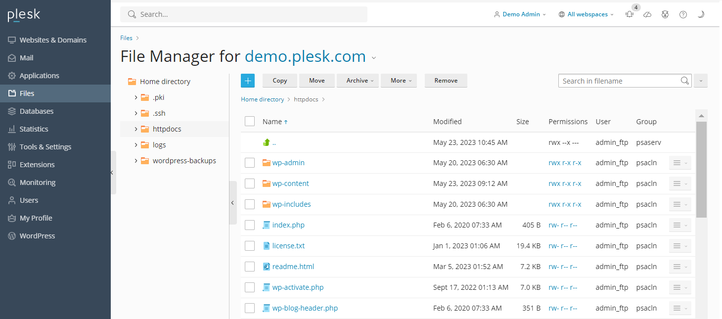 Interface utilisateur de l'outil de gestion de fichiers intégré de Plesk