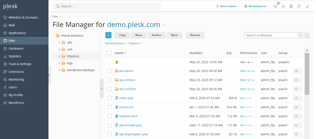 Interface utilisateur de l'outil de gestion de fichiers intégré de Plesk