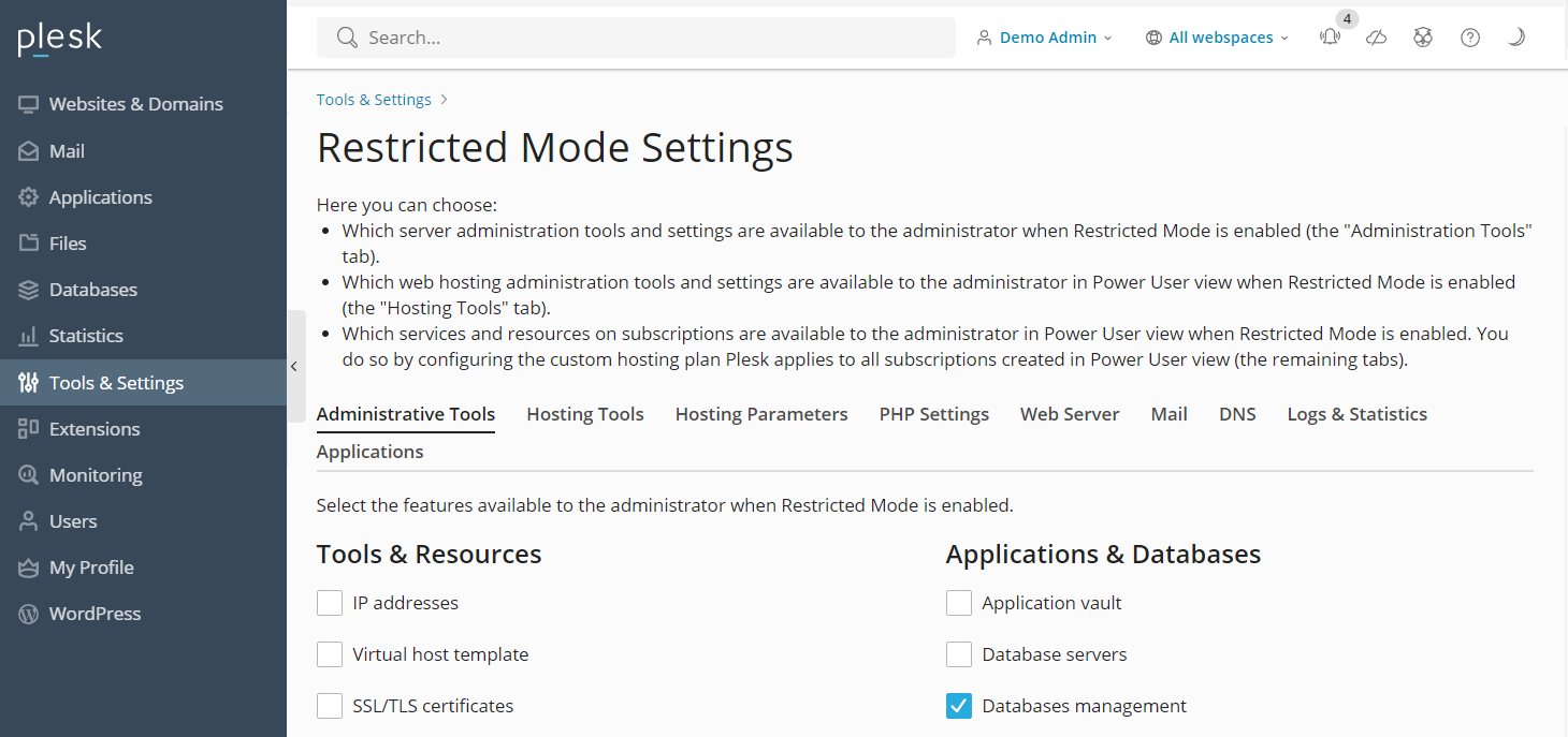 Menu de configuration des paramètres du mode restreint de Plesk