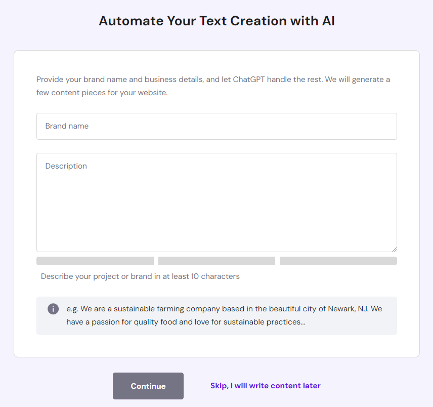 Un formulaire permettant de saisir le nom et la description de la marque afin d'aider l'IA à générer un texte pour le site web.