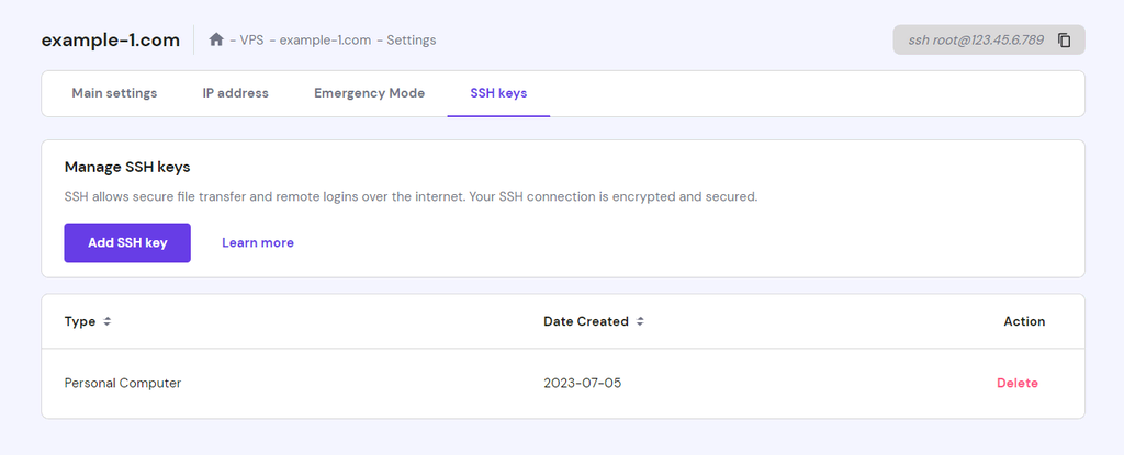 Page des clés SSH sur le VPS hPanel