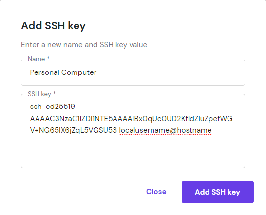 La fenêtre Ajouter une clé SSH sur hPanel