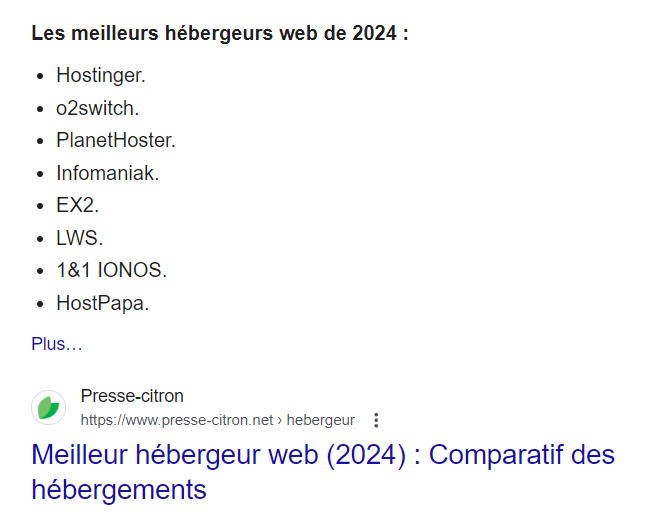 Les meilleurs hébergeurs Web de 2024 résultat google