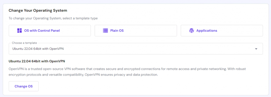 Menu de sélection du template OpenVPN VPS dans hPanel