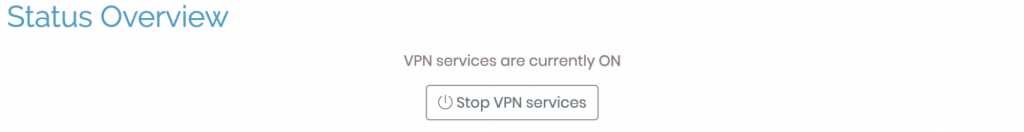 La page d'aperçu du statut sur le tableau de bord OpenVPN, qui montre que les services VPN sont actuellement activés.