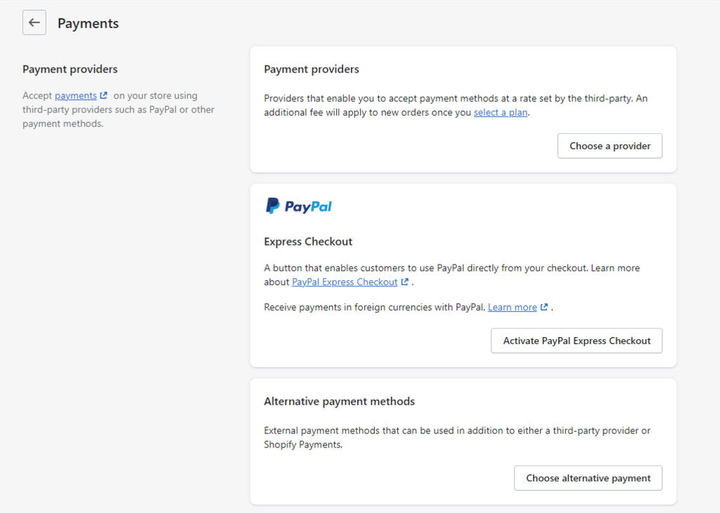 Options de paiement sur Shopify.