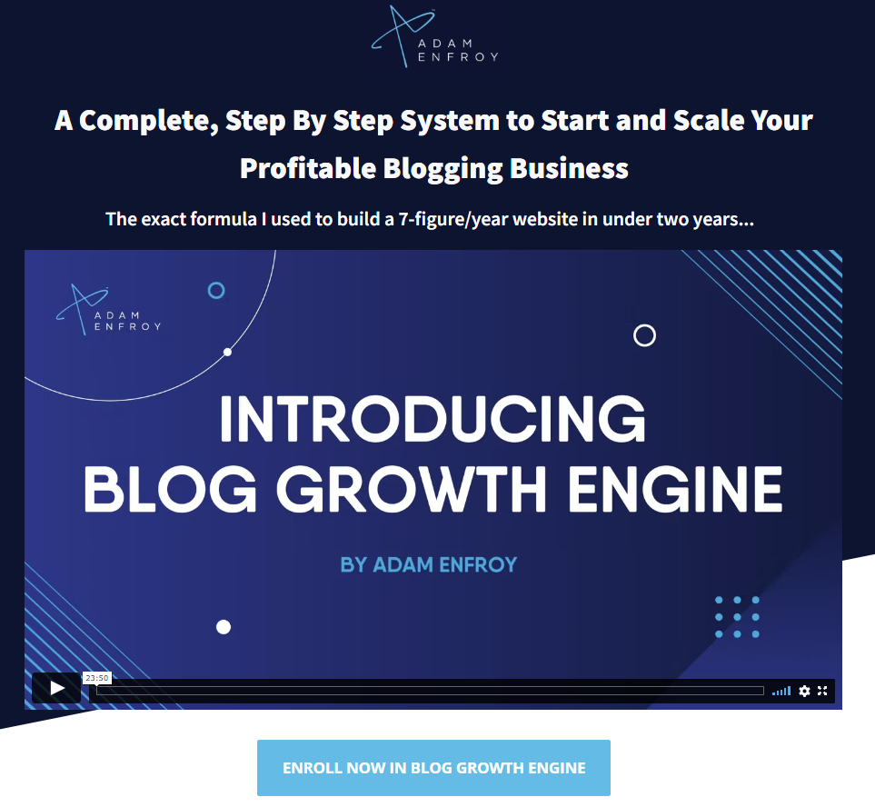 La landing page de Blog Growth Engine, une masterclass sur le blogging par Adam Enfroy.