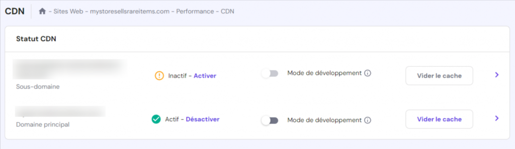 Statut du CDN de Hostinger dans hPanel