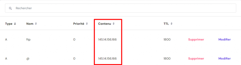 Éditeur de zone DNS de Hostinger met en évidence les enregistrements A