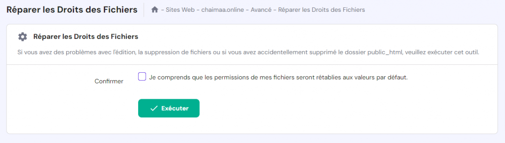 La fenêtre de confirmation de réparation des droits des fichiers