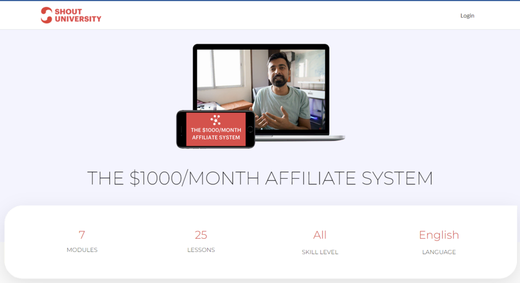 La page d'accueil du cours The $1000/Month Affiliate System sur le site de Shout University.