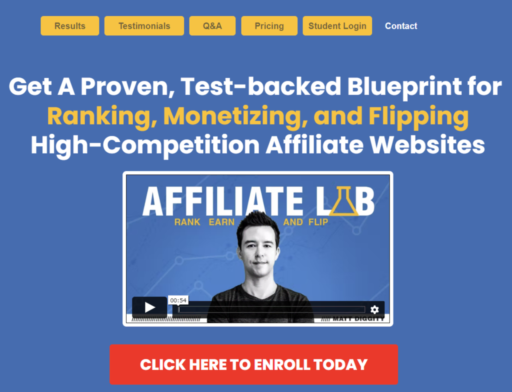 La page d'accueil de The Affiliate Lab, un cours de marketing d'affiliation par Matt Diggity.